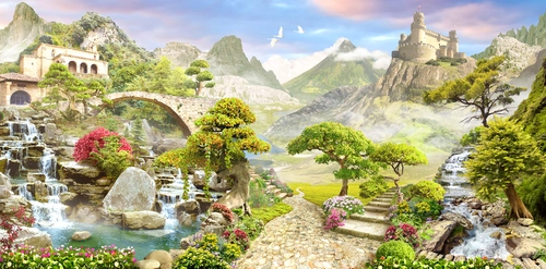 деревья, камни, река, замок, зеленые, голубые, серые, HD