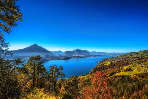 озеро, горы, природа, лес, синие, коричневые, зеленые, швейцария