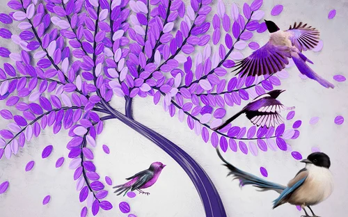 дерево, птицы, серые, фиолетовые