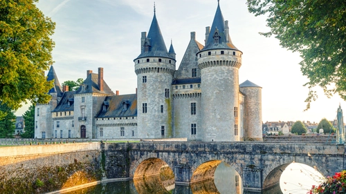 замок, мост, река, деревья, небо, природа, серые, зелёные