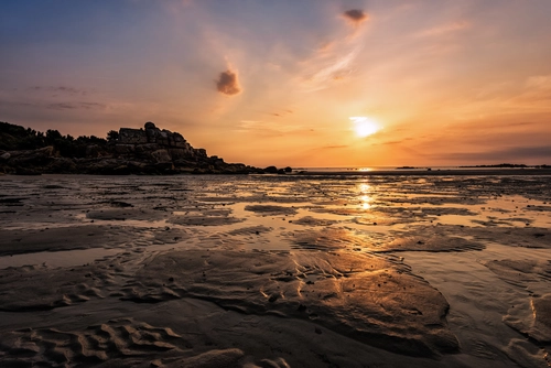 пляж, солнце, закат, море, франция, желтые, коричневые