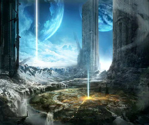 планета, фантастика, колонны, синие, серые, зеленые