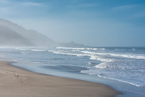 природа, небо, горы, море, волны, берег, голубые, серые