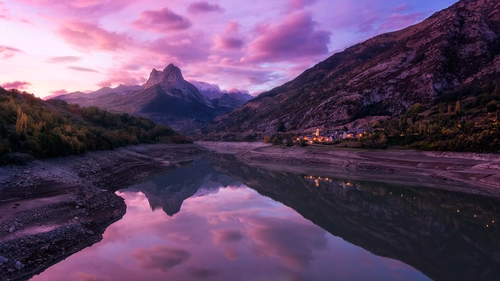 фиолетовые, река, горы, природа, лес