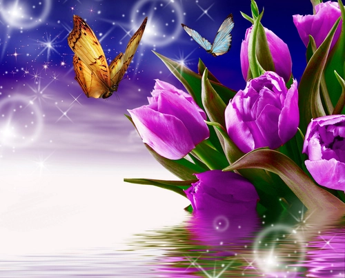 цветы, природа, бабочки, синие, зеленые, насекомые