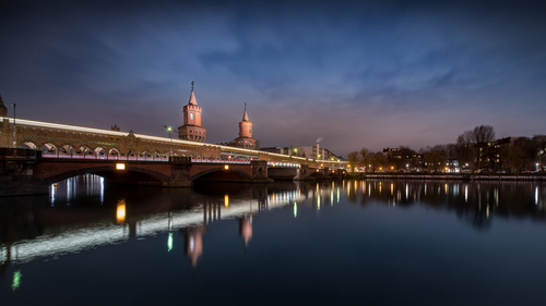 мост, река, небо, ночь, огни, отражение, архитектура, синие, коричневые