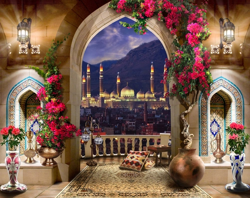 арка, город, дома, цветы, ночь, фонари, коричневые, розовые