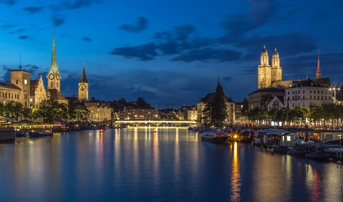 ночь, город, швейцария, желтые, синие, черные