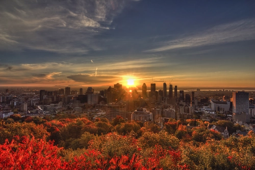 закат, город, осень, желтые, серые, синие, коричневые