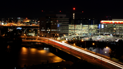 огни, мост, город, ночь, черные, желтые