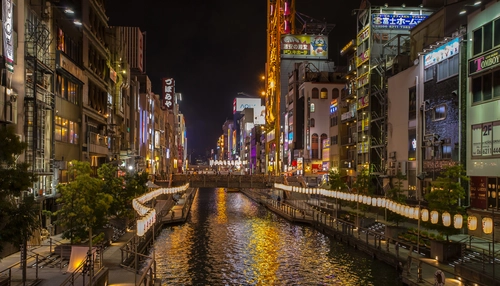 река, город, япония, ночь, желтые, коричневые, черные