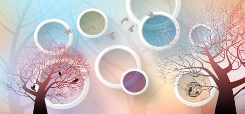 деревья, птицы, круги, стерео, бежевые, коричневые, голубые