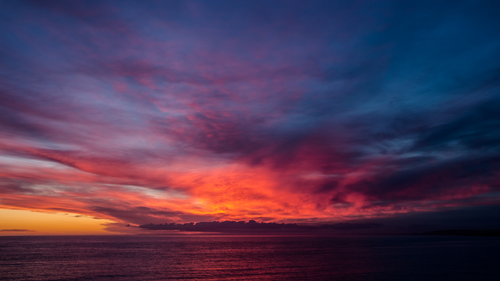 закат, красные, оранжевые, облака, океан