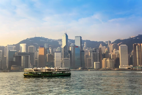 лодка, город, река, китай, серые, голубые, белые, черные