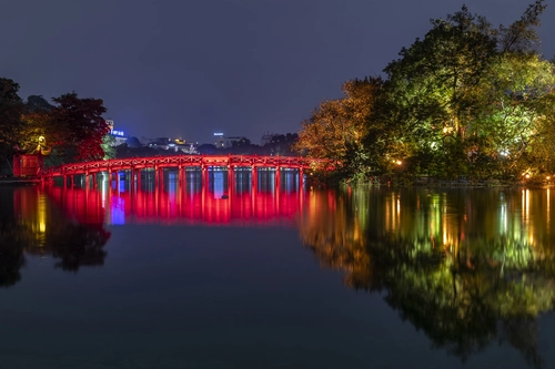 мост, река, ночь, город, отражение, красные, черные