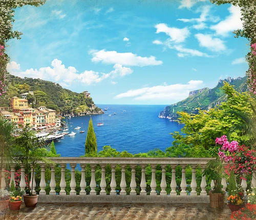 панорама, море, вода, океан, река, горы, гора, лодка, корабль, зелень, растительность, цветы, голубые, бежевые