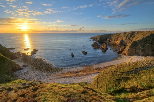 небо, рассвет, горизонт, море, берег, камни, голубые, зелёные