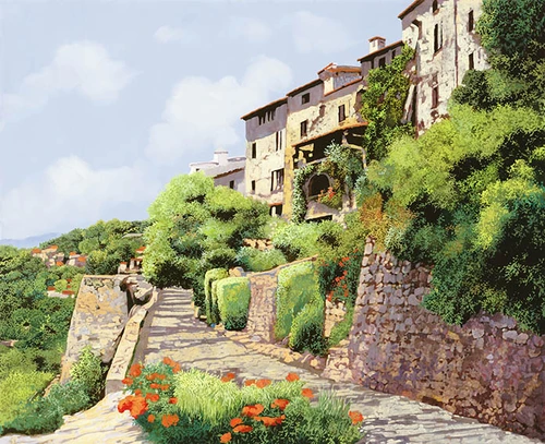 город, дом, дома, дорожка, цветы, тропинка, зелень, бежевые, голубые, зеленые