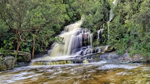 река, водопад, лес, коричневые, зеленые, природа