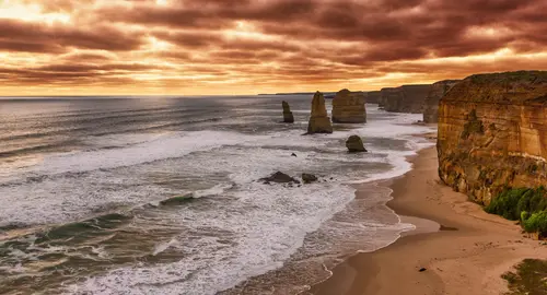 скалы, закат, берег, песок, волны, вода, горизонт, коричневые, оранжевые