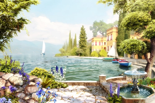 лодка, берег, город, озеро, бежевые, желтые, коричневые, зеленые, HD