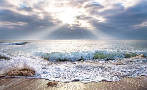 берег, солнце, пляж, волны, коричневые, серые, белые