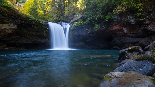 водопад, озеро, лес, камни, зеленые, коричневые