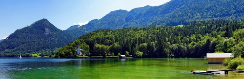 река, горы, лес, панорама, зеленые, синие, голубые