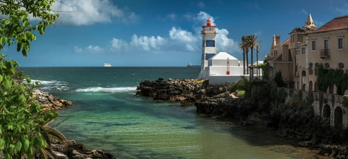 маяк, река, океан, берег, панорама, зеленые, белые, синие