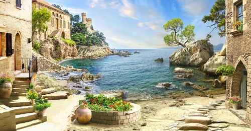 берег, океан, деревья, город, голубые, бежевые, коричневые, зеленые, HD