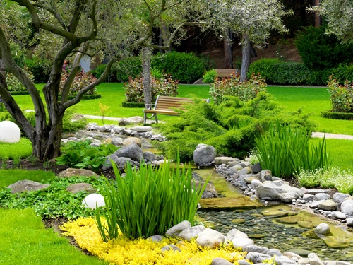 ручей, сад, камни, природа, зеленые, бежевые