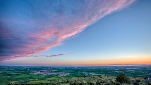 закат, облака, долина, холмы, горизонт, розовые, синие, зеленые