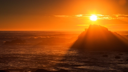 океан, скалы, закат, волны, оранжевые