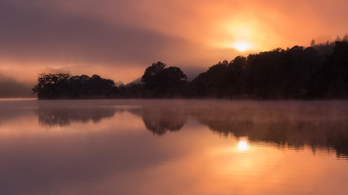 закат, вечер, озеро, лес, оранжевые
