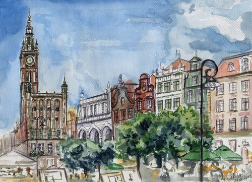 акварель, рисунок, картина, голубые, бежевые, зеленые, город, архитектура