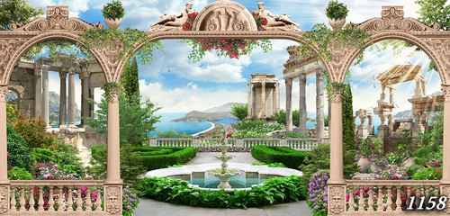 колонна, фонтан, арка, цветы, кашпо, зелень, растительность, голубые, бежевые, зеленые