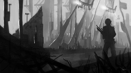 силуэт, фантастика, арт, черные, белые, серые