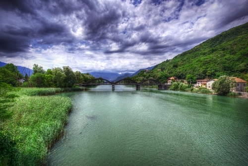 река, италия, природа, мост, зеленые, серые