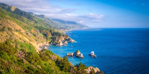 скала, океан, природа, панорама, синие, зеленые, бежевые