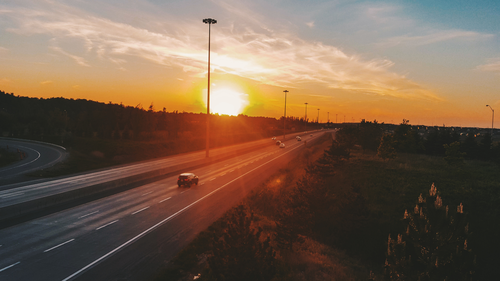 дорога, машина, закат, желтые, оранжевые