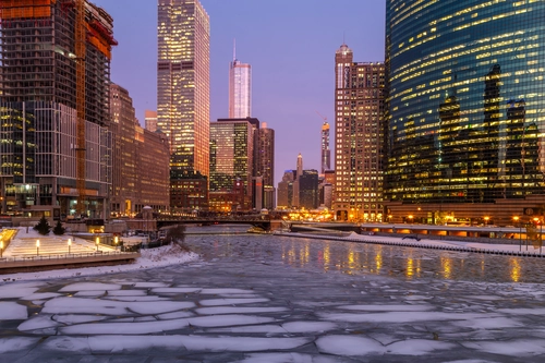 зима, лед, ночь, город, вечер, фонари, желтые, серые