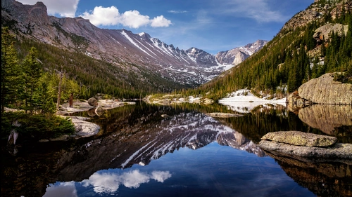 горы, река, лес, деревья, отражение, зеленые, белые, синие