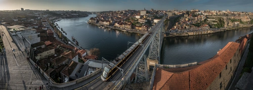 мост, река, город, вечер, синие, бежевые, панорама