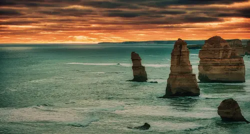 скалы, закат, вода, горизонт, коричневые, оранжевые