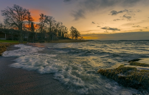 закат, деревья, берег, волны, оранжевые, красные, черные