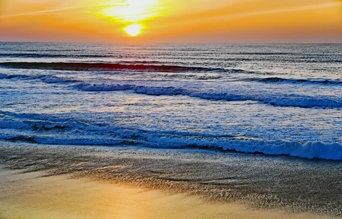 небо, солнце, закат, горизонт, океан, волны, берег, голубые, жёлтые