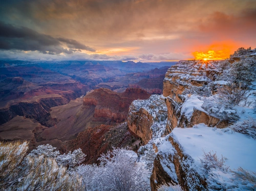 снег, каньон, природа, закат, вечер, коричневые, желтые