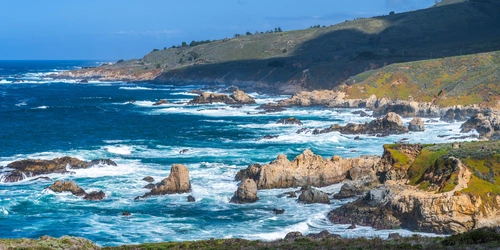 скалы, камни, берег, природа, панорама, синие, бежевые