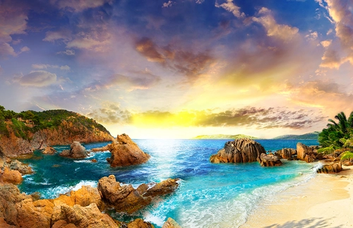 море, вода, океан, горы, гора, пляж, берег, песок, закат, рассвет, горизонт, небо, солнце, голубые, синие, бежевые