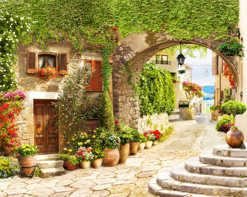 арка, город, улица, бежевые, зеленые, коричневые, HD